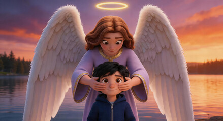 Fototapeta premium An angel with a golden halo and large white wings gently supports a boy by a lake at sunset. The scene conveys comfort, protection, and emotional warmth in a serene, natural setting.