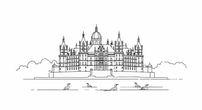 Ornate castle facade with dome, spires, and surrounding clouds over water with birds