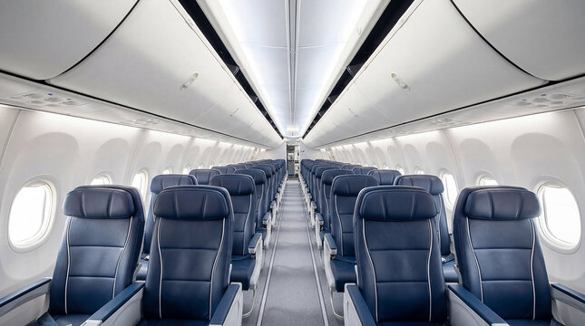 Interior view of an empty commercial airplane cabin with blue leather seats and overhead bins. Symmetrical shot of a modern aircraft aisle and passenger seating area. Concept of air travel, tourism