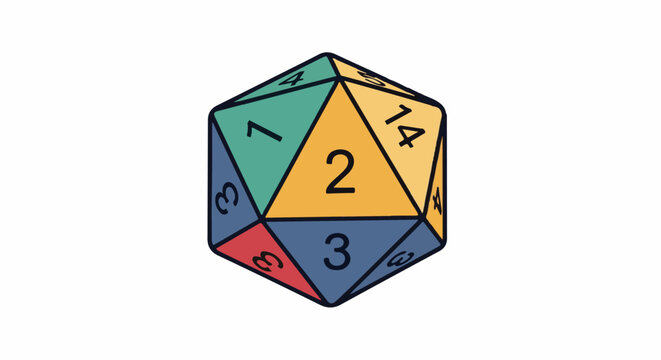Multi-colored icosahedron die with numbers visible on its faces