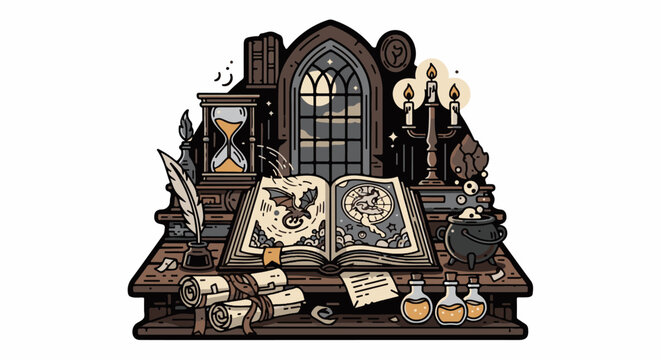 Magical desk with open spellbook, bubbling cauldron, and scrolls