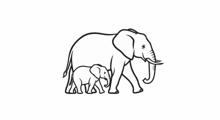 Fototapeta premium Mother and baby elephant walking side by side in a simple line drawing