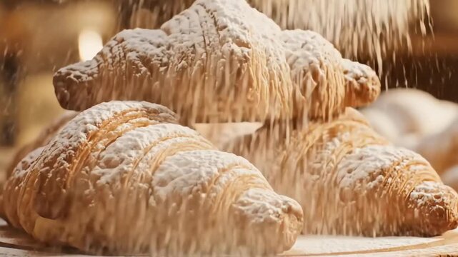 Close-up of three flaky croissants being dusted with powdered sugar on a wooden surface with a shallow depth of field and warm tones.