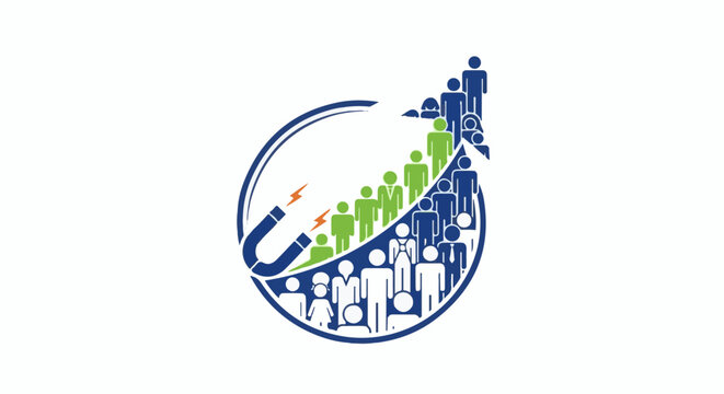 Magnet attracting people upwardly into a growing curve of figures