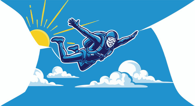 Joyful skydiver freefalls under a sunny sky with fluffy clouds