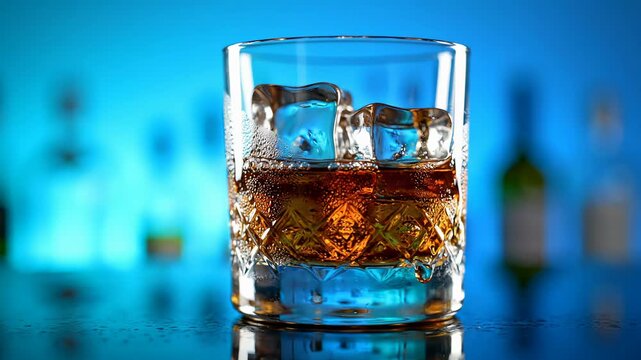 Liquid is poured into a glass filled with ice cubes. Clear blue backdrop highlights bar bottles. Concept of bars, restaurants, nightlife