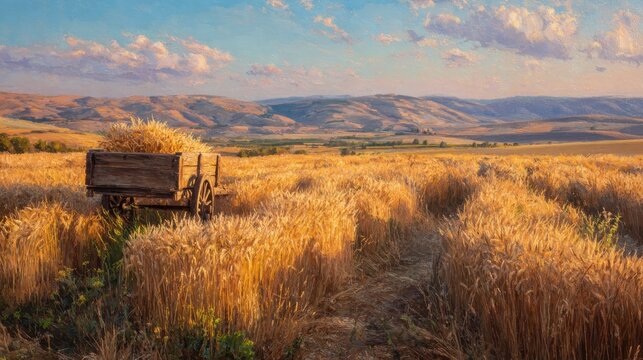 Golden wheat sheaves in a rural harvest field at sunset