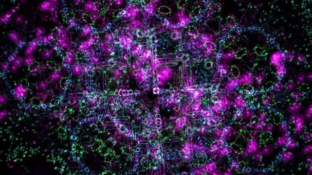 Vibrant fractal patterns glow with neon green and purple hues
