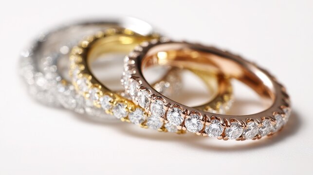 Group of pav&Atilde;&copy; diamond eternity rings arranged in a curved line on a clean studio backdrop