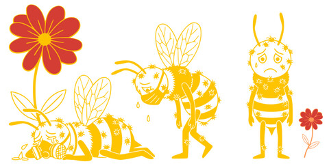 Obraz premium Set of sick and sad cartoon bees infected with virus wearing protective masks