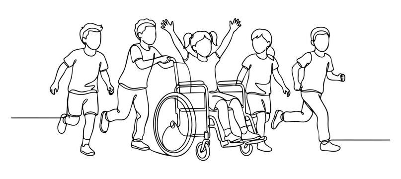 Group of happy children playing and running together with a friend in wheelchair in continuous line art style. vector illustration