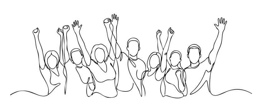Group of people cheering with rising hands, diverse crowd celebrating together in continuous line art style. vector illustration