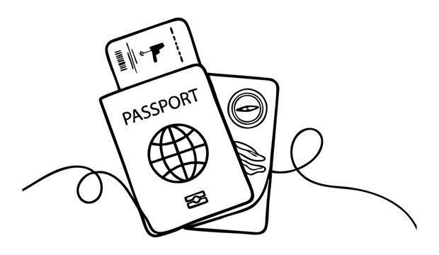 International travel concept with passport and boarding ticket line art. vector illustration
