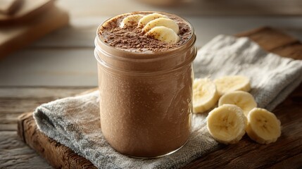 Fototapeta premium Homemade banana chocolate smoothie in a jar, warm natural lighting in a cozy kitchen setting