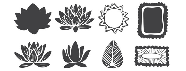 Fototapeta premium Black lotus flowers and decorative sun frames in rustic linocut style. Minimalist hand-drawn floral elements and scalloped borders for zen, yoga, and organic design. Isolated on white background.