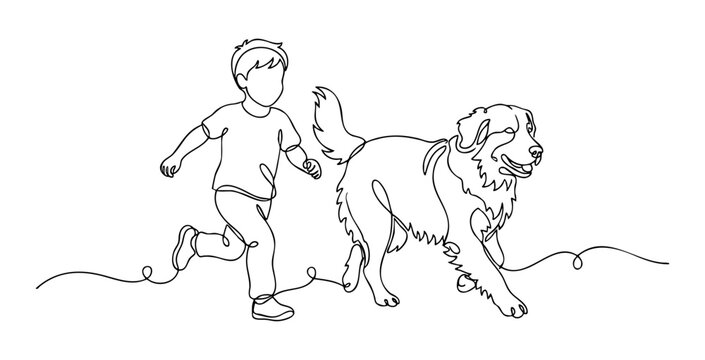 Minimalist line art illustration of a young boy running with pet dog playing together. vector