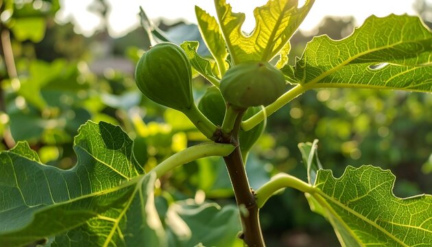 Green fig fruit growing on a branch with lush, veiny leaves bathed in golden, natural light