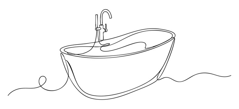 Minimalist line art illustration of luxury oval soaking bathtub with faucet. vector