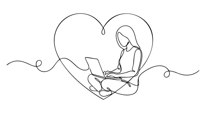 Woman sitting with laptop inside a heart shape, remote work, working from home in minimalist line art illustration style. vector