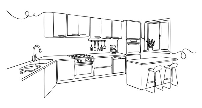 Modern contemporary kitchen interior with cabinets and appliances, bar stools in minimalist line art illustration style. vector