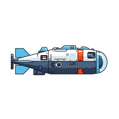 Fototapeta premium Underwater Autonomous Vehicle (AUV) illustration with fins and dome, white and blue