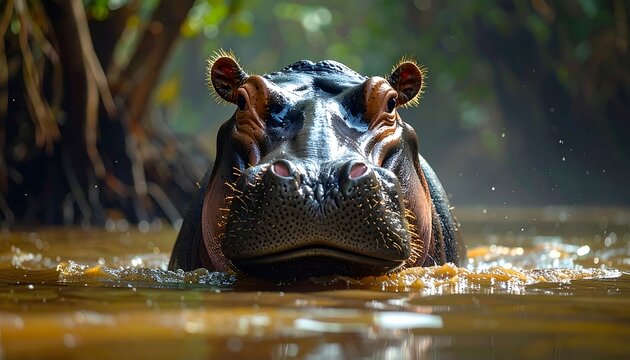 Hippo emerges from muddy river, front-facing portrait, glistening wet skin with lush green foliage backdrop
