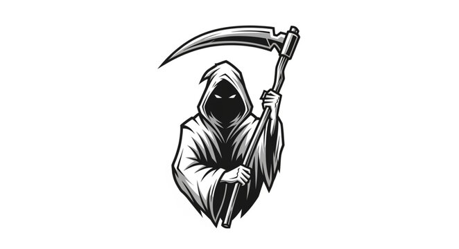 Hooded Grim Reaper Figure Holding Curved Scythe.