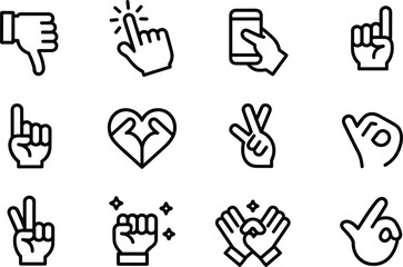 Obraz premium Hand gestures and finger signs line icon set featuring vector illustrations of thumbs down, clicking, smartphone, peace sign, ok, heart hands, and clapping for social media design.