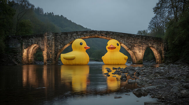 Two enormous inflatable yellow rubber ducks are positioned under the arches of an old stone bridge, appearing to converse as they float on the calm river surface.