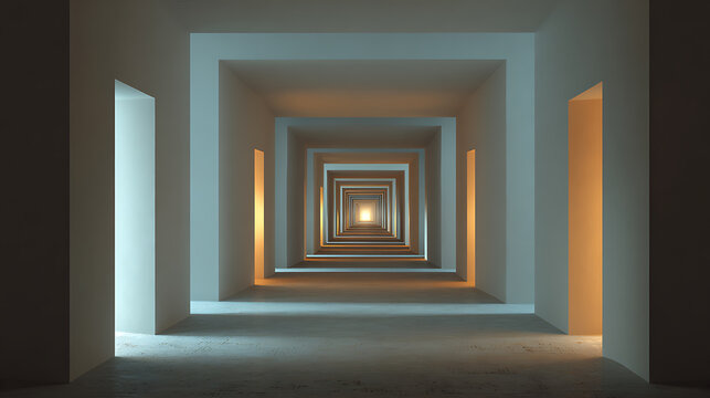 An endless hallway with receding archways creates a surreal and disorienting perspective, illuminated by soft, warm light at the end, suggesting mystery and the unknown.