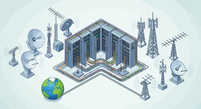 Global network infrastructure with data center and communication towers.