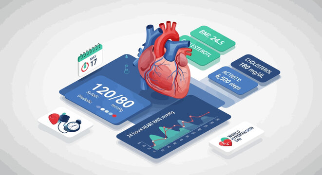 Isometric medical illustration showing heart health tracking and blood pressure monitoring