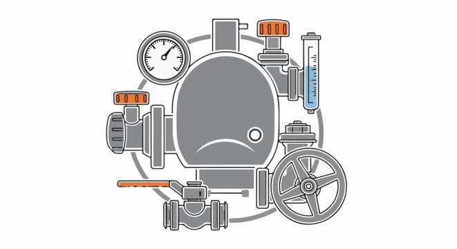 Industrial system diagram of a central heating boiler with gauges