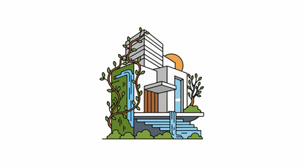 Naklejka premium Modern architecture integrated with nature, featuring waterfalls and greenery