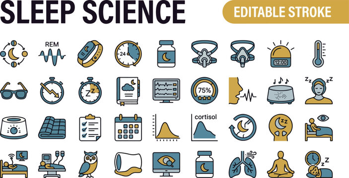 A professional two-tone line icon set featuring 30 sleep science and rest wellness icons. Includes sleep cycle moon graph, REM deep sleep wave, sleep tracker wristband, circadian rhythm clock, melaton