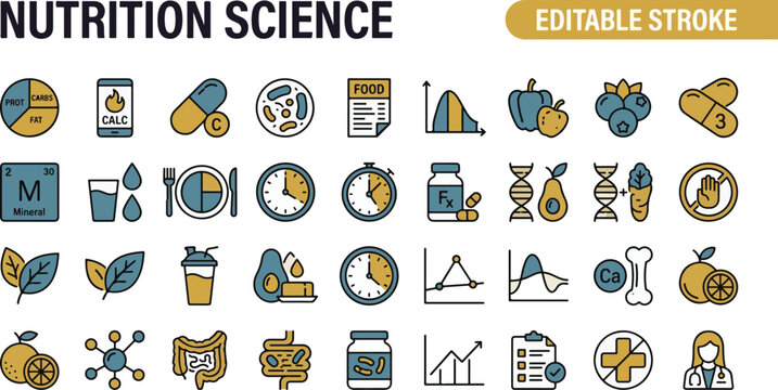 A professional two-tone line icon set featuring 30 nutrition science and dietary health icons. Includes food macro chart, calorie counter, micronutrient vitamin, gut microbiome, food label reading, gl