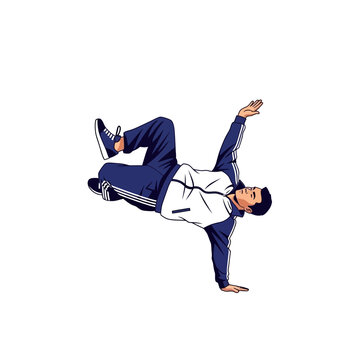Energetic B-boy Performing Dynamic Breakdance Move on White Background