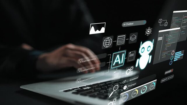 Futuristic Technology Concept Featuring AI Chatbot Interface with Dynamic Graphs and Statistics on Laptop Screen in Dark Environment Gluon.