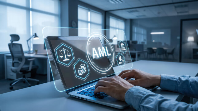 Antimoney laundering aml compliance concept with digital interface on laptop screen in office
