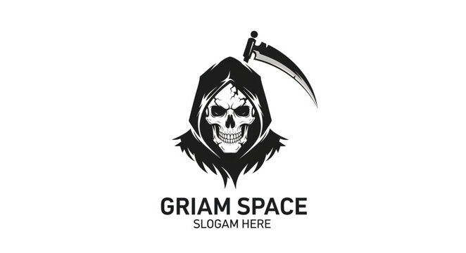 Hooded Grim Reaper Skull With Scythe Logo.