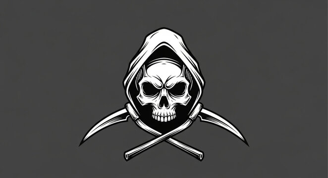 Hooded Grim Reaper Skull With Crossed Scythes.