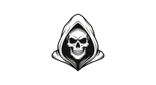 Hooded Grim Reaper Skull Portrait Illustration.