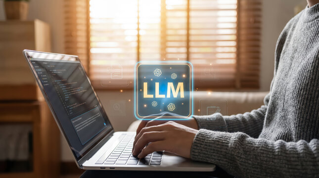 Person working on a laptop with a digital llm large language model interface overlay
