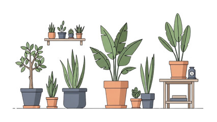 Obraz premium Various plants in pots on shelves and table in vector 2D CAD style