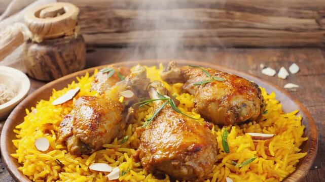 Spiced kabsa rice dish arranged neatly with grilled chicken pieces and vegetable garnish