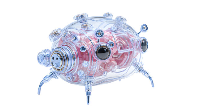 Tiny transparent nanobot with pink interior and metallic components on white background futuristic robotic design