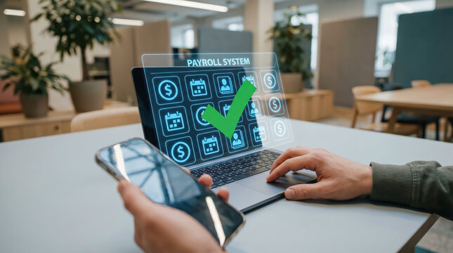 Payroll system interface on a laptop screen with a green checkmark indicating successful processing