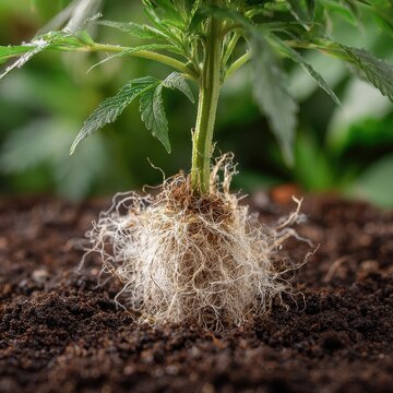 Macro photograph of cannabis plant roots in soil, revealing a healthy white fibrous root system in a ceramic pot