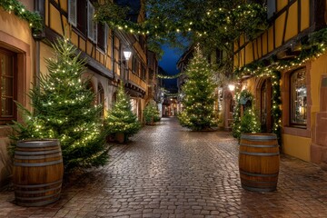 Fototapeta premium Christmas decorations on cobblestone street at night.