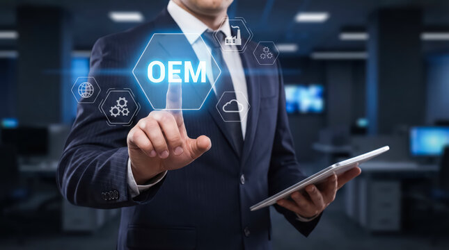 Businessman pressing virtual button with oem text on digital screen in office